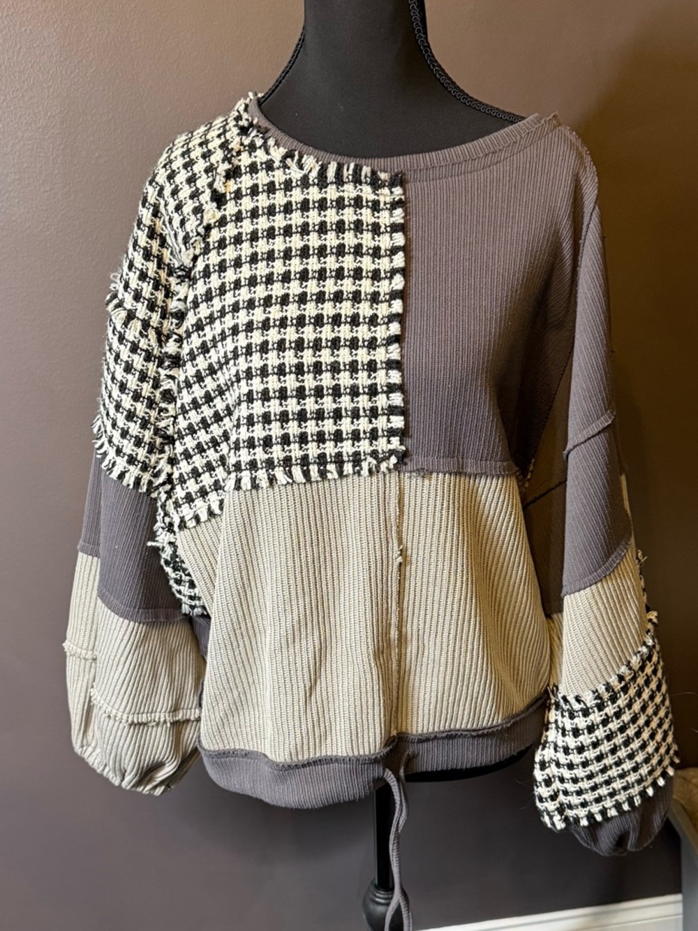 Patchwork Houndstooth Knit Pullover Sweater - Gray & Cream